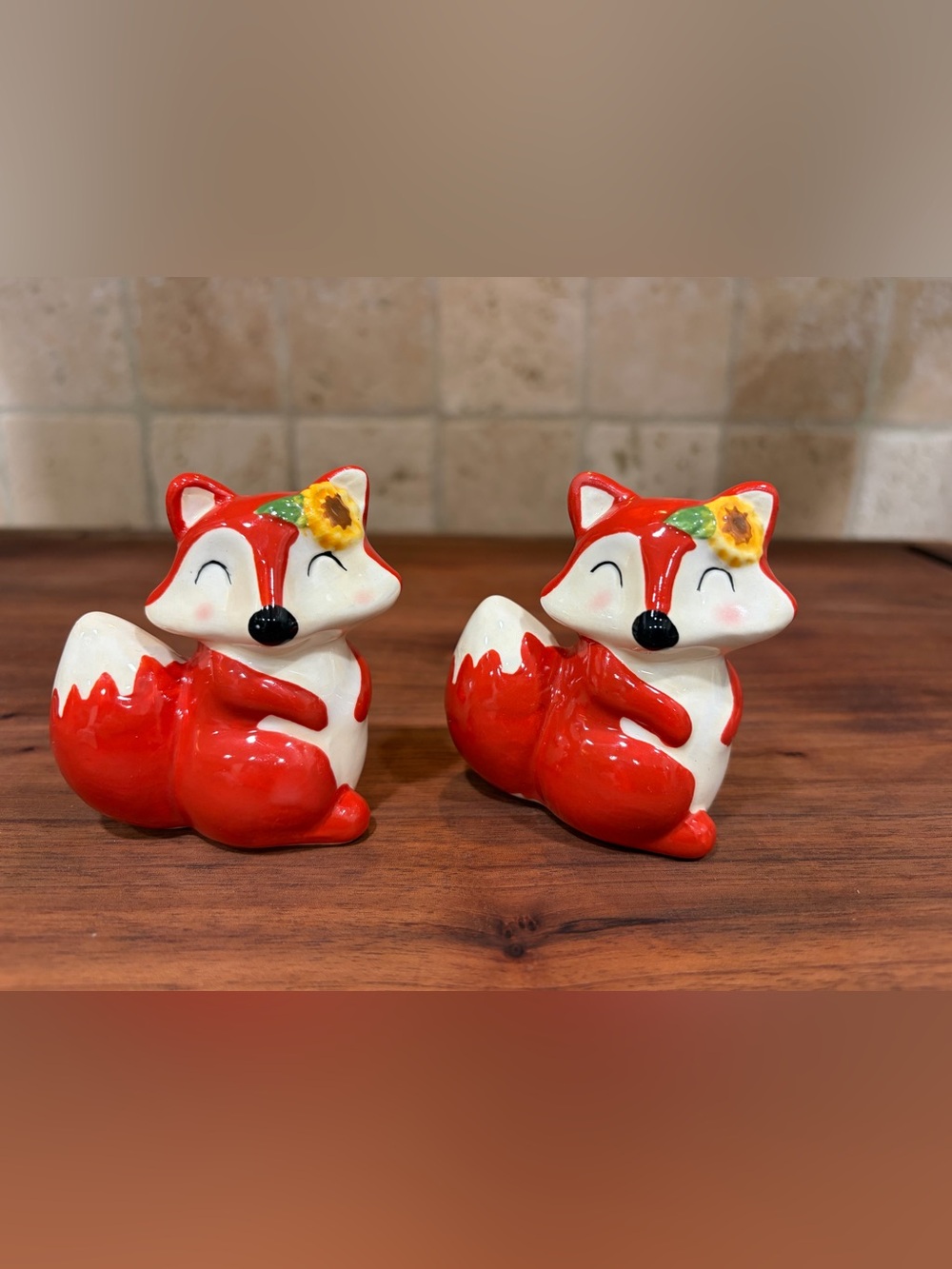Adorable Red Ceramic Fox Salt & Pepper Shaker Set with Sunflower Accent